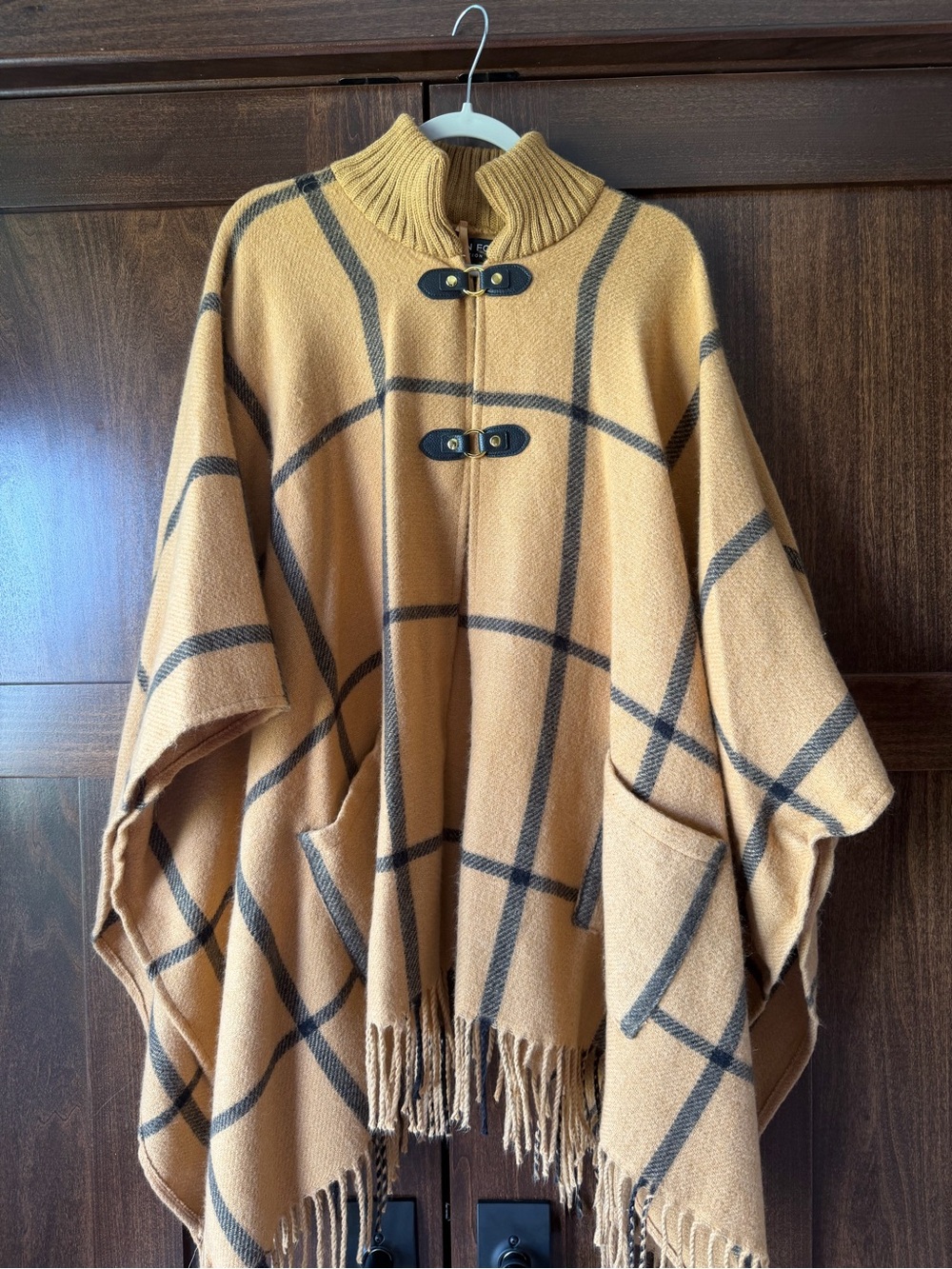 London Fog Camel Plaid Fringe Poncho with Toggle Closures